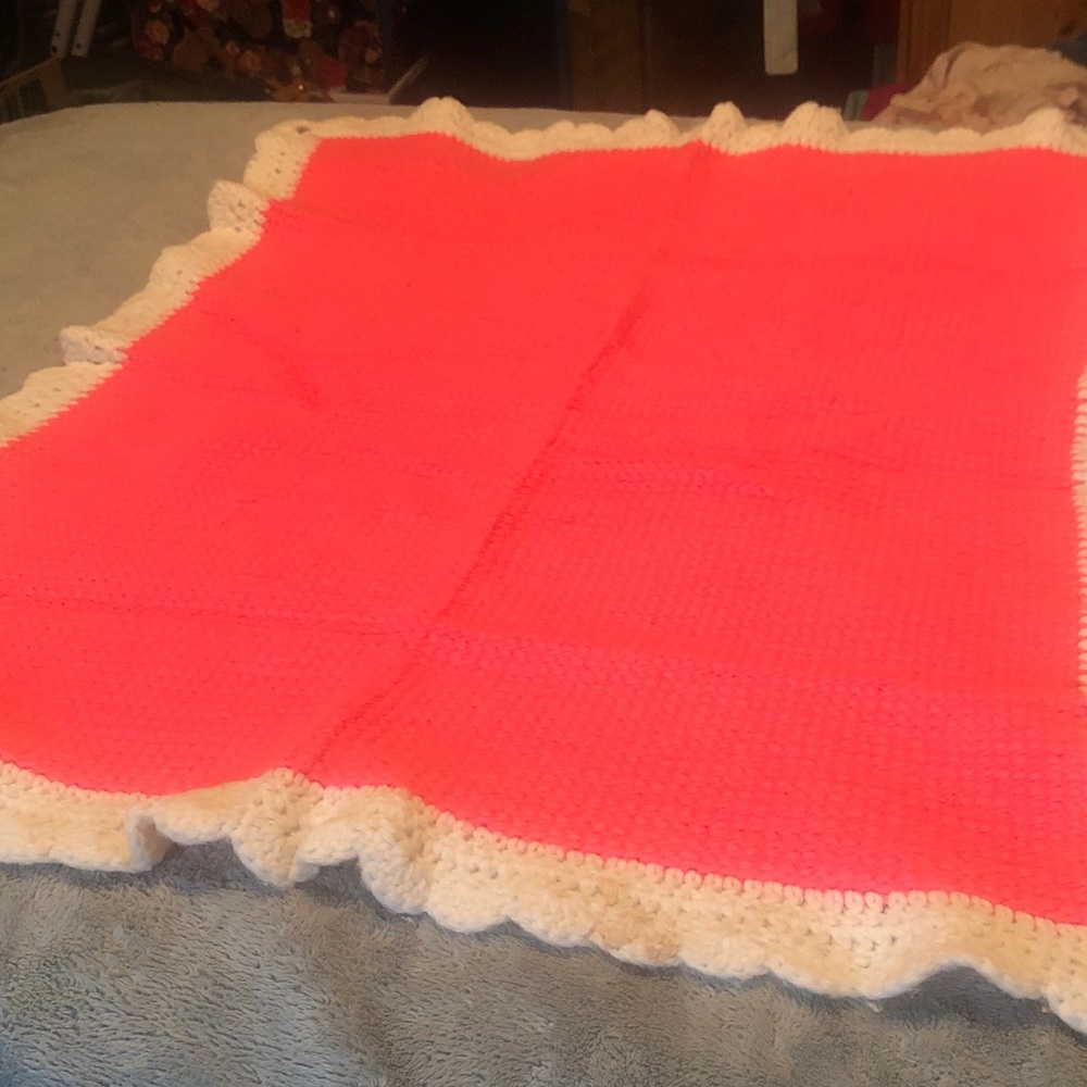 Vintage Handmade Bright Coral pink Crochet Baby Blanket with Cream Ruffle